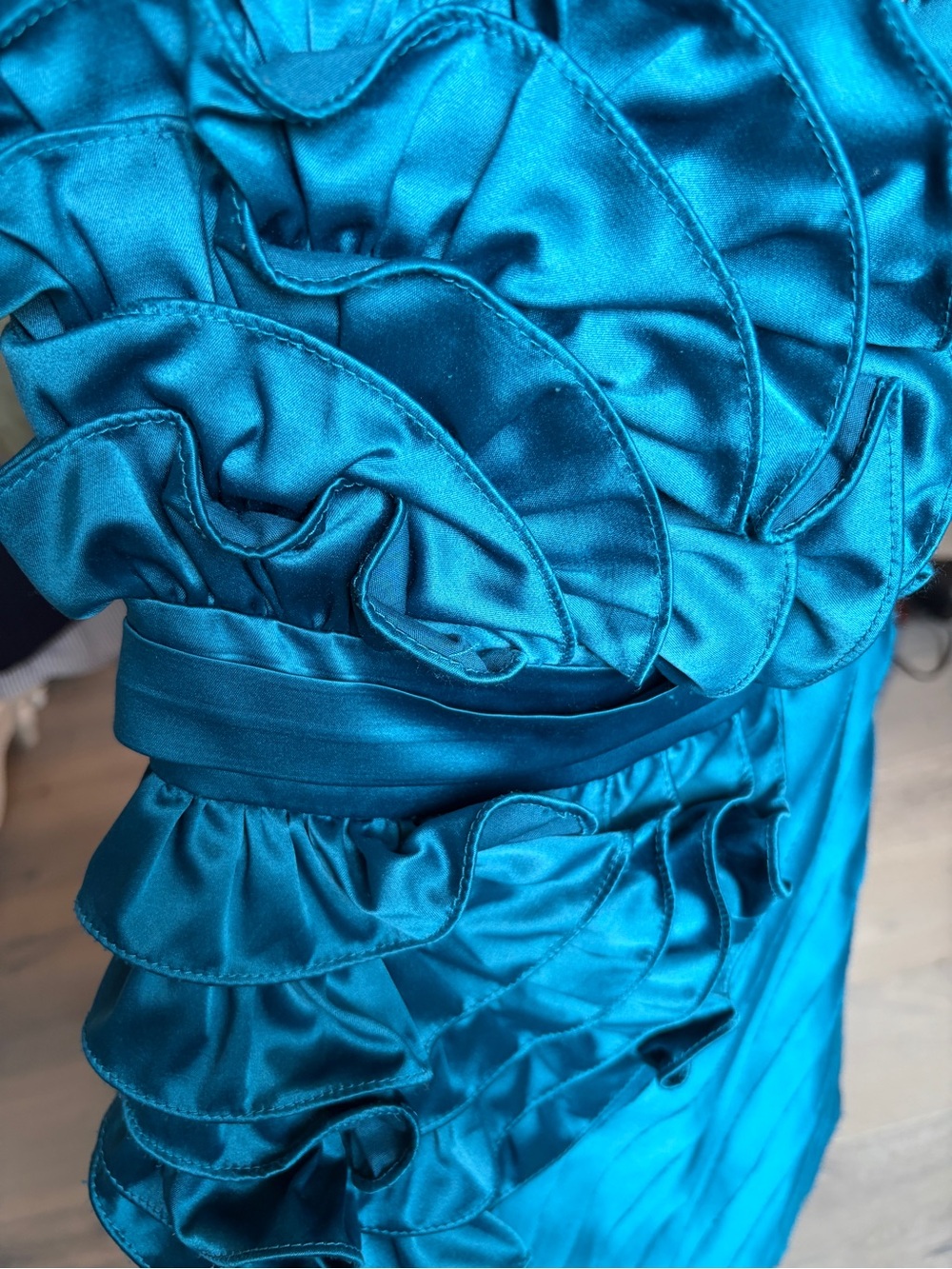 Teal Ruffle Strapless Prom Dress - Picture 5 of 7